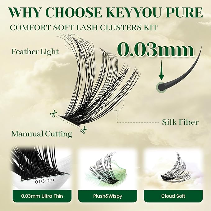 KEYYOU DIY Lash Extension Kit 300pcs Soft Lash Clusters 60D D Curl Easy to Apply with Lash Bond and Seal Lash Applicator Lash Remover Eyelash Extension Kit at Home(RMkit-60D-D-9-18mix)
