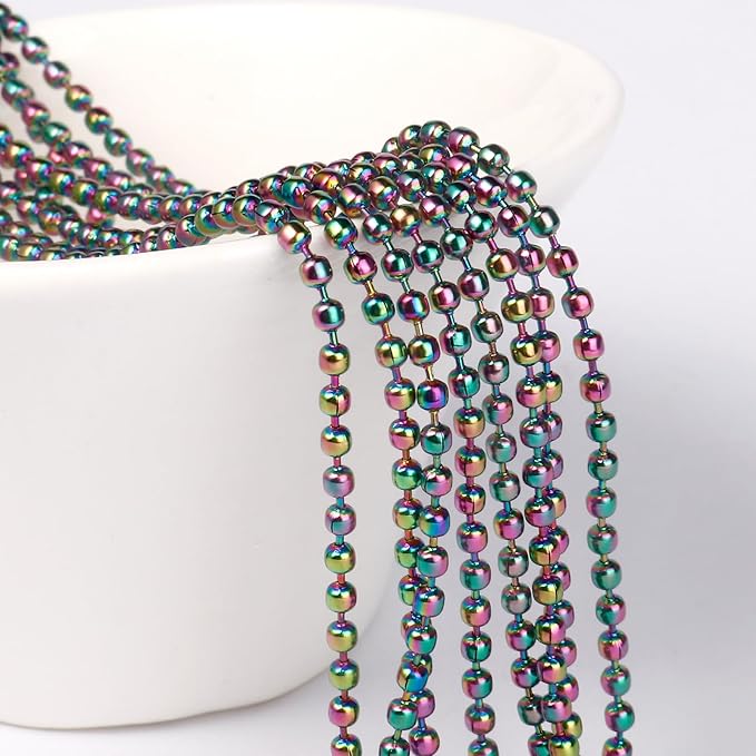 [50 Feet] Rainbow Stainless Steel Ball Bead Chains Roll, 1.5mm Width 304 Stainless Steel Ball Chains Spool with 30 PCS Connectors Bulk for Jewelry Making