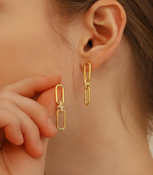 OZEL 14K Gold & Silver Plated Paperclip Chain Earrings with Cubic Zirconia – Dangle, Hoop, Huggie, Stud Styles – Women’s Fashion Jewelry Gift