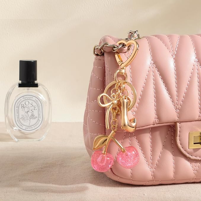 Snycler Bubble Initial Keychain with Cherry & Bow - Gold Letter Bag Charms for Women, Cute Purse Handbag Accessories