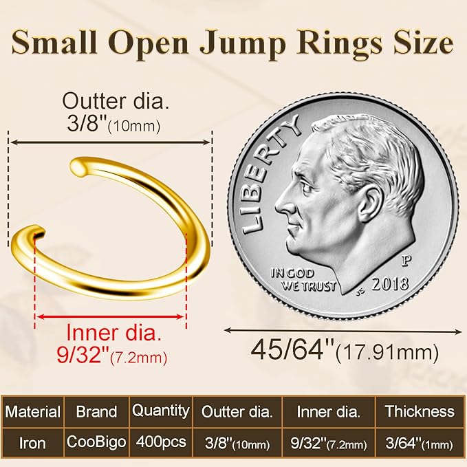 400pcs 3/8" Gold Small Jump Rings for Jewelry Making Replacement, Open Jump Ring Metal Jewelry Findings for Bracelets Necklaces Earrings Keychains Connectors Loops Repair Hardware