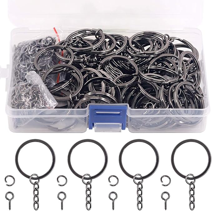 Swpeet 450Pcs 6/5 Inch 30mm Black Flat Key Chain Rings Kit, Including 100Pcs Split Keychain Rings with Chain and 100Pcs Jump Ring with 100Pcs Screw Eye Pins Bulk for Jewelry Findings Making