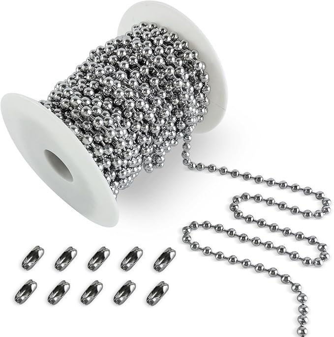 32ft 304 Stainless Steel #10 Beaded Ball Chain with 10pcs Connectors, 4.5mm Replacement Bead Chain Cord for Dog Tag, Necklace Chain, Plumbing Applications