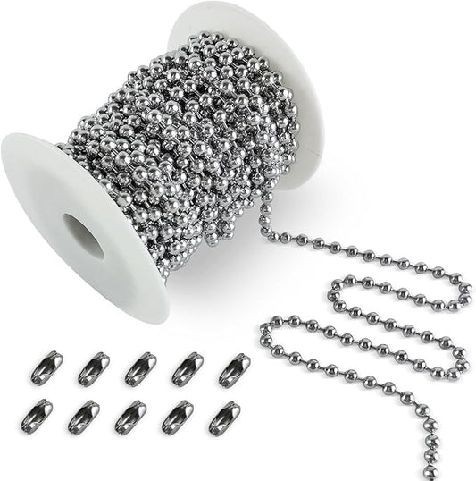 32ft 304 Stainless Steel #10 Beaded Ball Chain with 10pcs Connectors, 4.5mm Replacement Bead Chain Cord for Dog Tag, Necklace Chain, Plumbing Applications