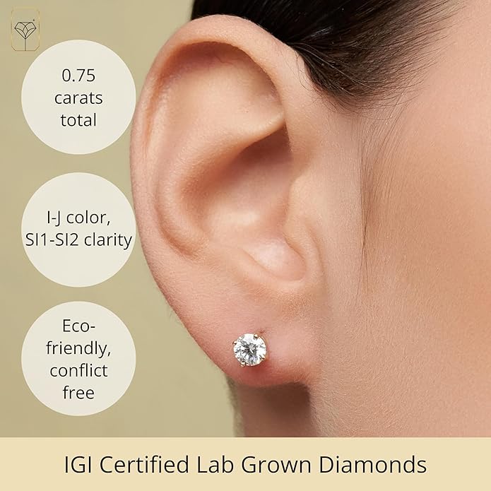 1/4-2 Carat IGI Certified Lab Grown Diamond Stud Earrings | Solitaire Real Diamonds Earring for Women in I-J Color & SI1-SI2 Clarity | 14K Gold Diamond Studs with Secure Backs by MAX + STONE