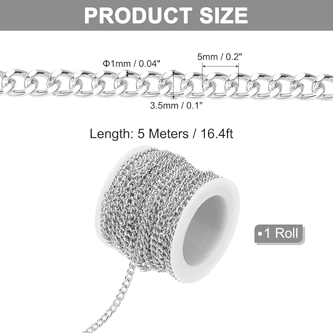 PATIKIL 16.4Ft Aluminium Curb Chains Twisted Links, 5x3.5mm Curb Chain Spool Jewelry Making Chains Craft Chain for Necklace Bracelet Earring, Silver
