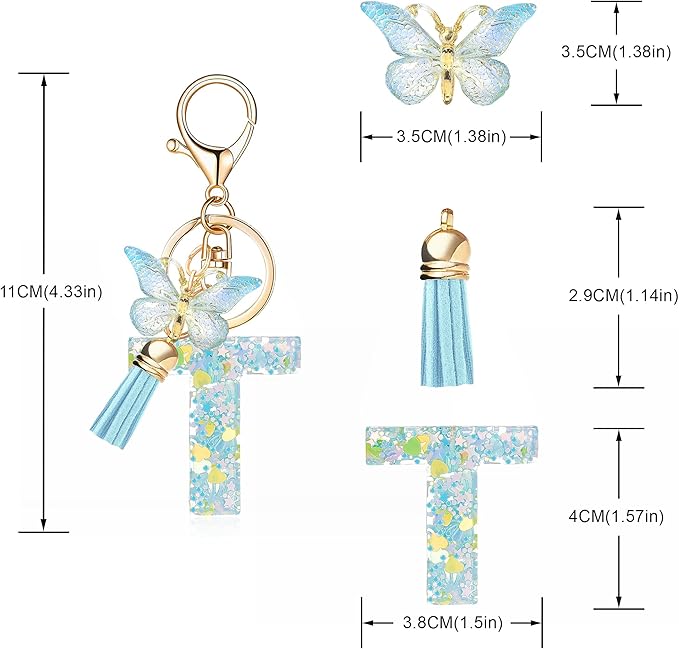 Fashion Alphabet Initial Letter Keychain Tassel Butterfly Pendant Key Ring for Purse Handbags Women Girl