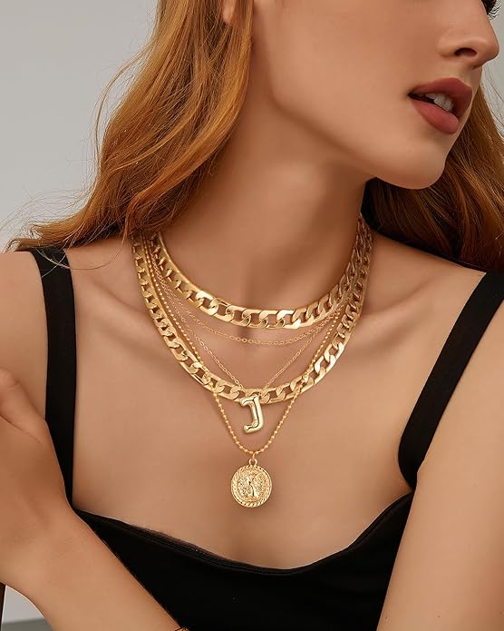 MJartoria Layered Necklaces for Women Trendy Balloon Initial Coin Pendant Necklace Dainty Chunky Chain Choker Necklaces Jewelry Birthday Gifts