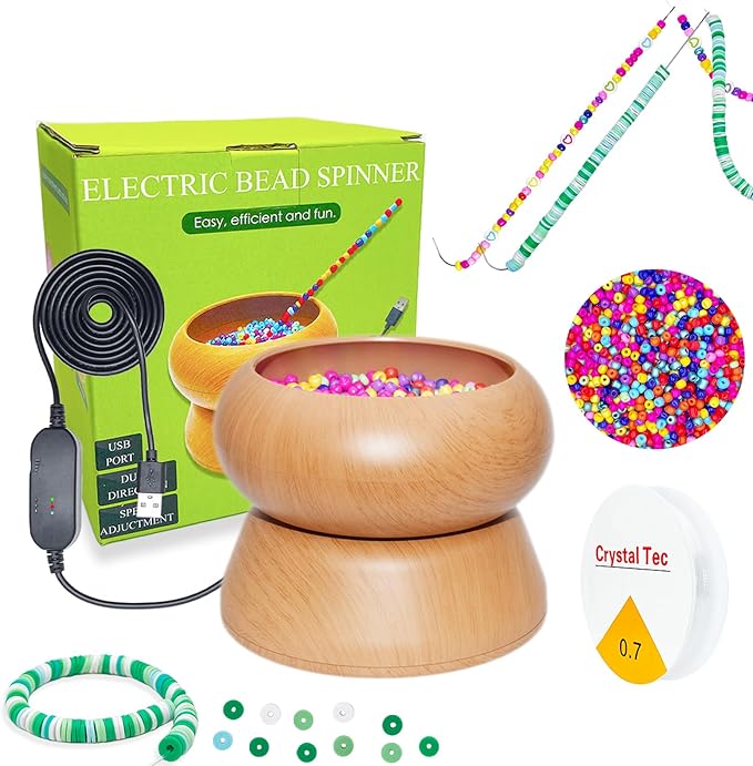 Xmada Electric Bead Spinner - Clay Bead Spinner with 2PC Beading Needles and Seed Beads, Waist Beads Kit, Bead Spinner for Jewelry Making, Electric | Speed Adjustment Beading Tools (Original)