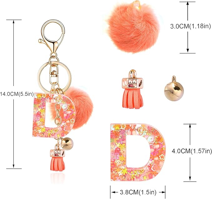Resin Alphabet Initial Letter Keychain Keyring for Women Purse Handbags With Fur Ball Pom