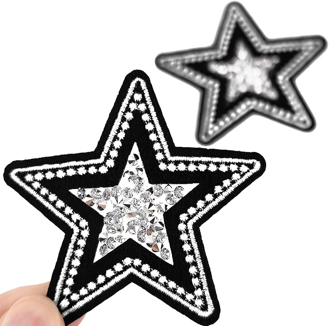 10Pcs Iron on Star Patches - Rhinestone Black Glitter Stars for Hats, Clothes, Backpacks, Costume