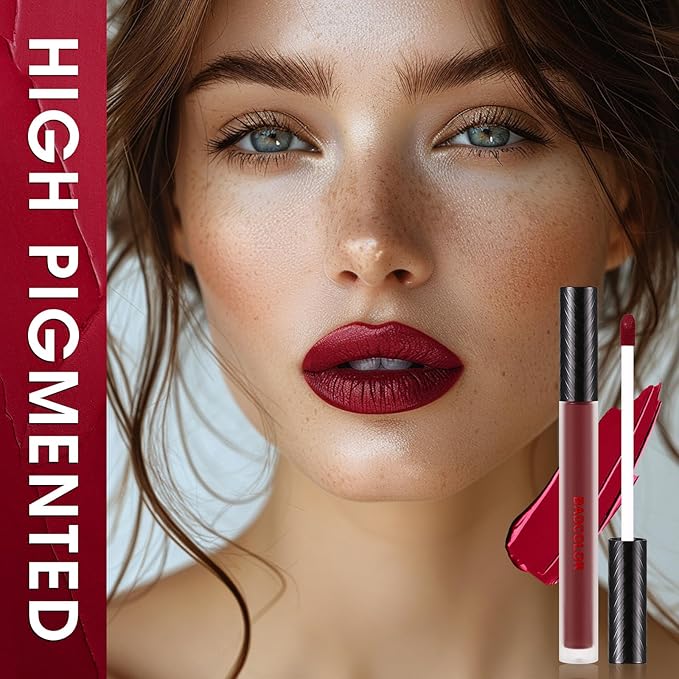 BADCOLOR 3 Colors Matte Liquid Lipstick Set, Purple Burgundy Rose Red Halloween Makeup, High Impact Long Lasting Lip Stain Velvet Nonstick Cup Smudge Proof & Waterproof Lip Gloss Set