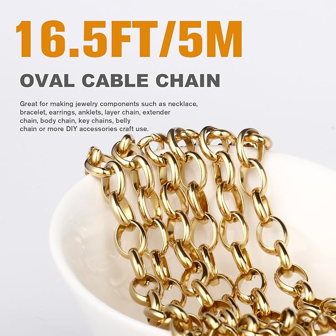 16.5FT Gold Oval Rolo Chains Roll, 5.5mm Width 18K Gold PVD Plated 304 Stainless Steel Oval Cable Link Chain Bulk Spool for Jewelry Making DIY Craft