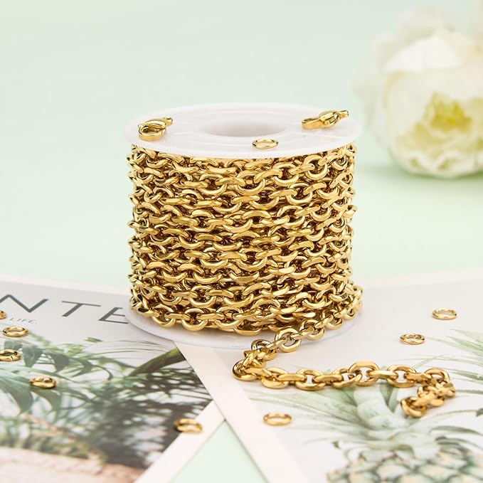 UMAOKANG 5 Meters Gold Cable Chain for Jewelry Making Stainless Steel Bulk Chains on Spool with Jump Rings and Lobster Clasps