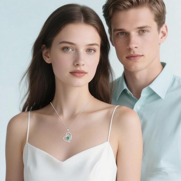 LynChoe Birthday Gifts Double Heart Birthstone Necklace for Women, S925 Sterling Silver Pendant Necklace Jewelry for Her Mother Mom Wife Girlfriend