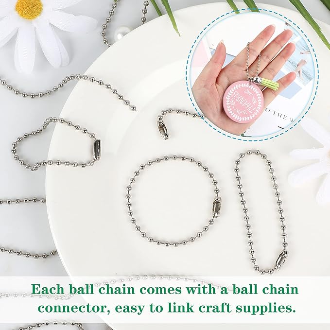 SANNIX 100Pcs Ball Beads Chain, Bulk Dog Tag Metal Chain, 4.72 Inches Ball Chain Keychains with Connectors (Silver)