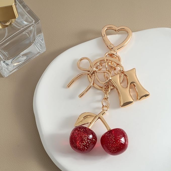 Snycler Bubble Initial Keychain with Cherry & Bow - Gold Letter Bag Charms for Women, Cute Purse Handbag Accessories