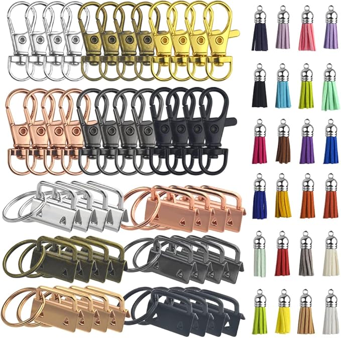 72PCS Key Fob Hardware Set Including 24 Key Fob Hardware with Key Ring 24 Colorful Leather Keychain Tassel and 24 Swivel Snap Hooks for Keychain Making Supplies (6 Colors)