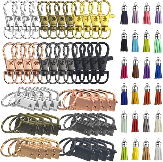 72PCS Key Fob Hardware Set Including 24 Key Fob Hardware with Key Ring 24 Colorful Leather Keychain Tassel and 24 Swivel Snap Hooks for Keychain Making Supplies (6 Colors)
