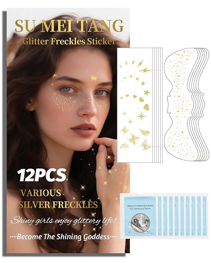 SUMEITANG Glitter Freckles Face Tattoo Patches - 12PCS Temporary Sparkle Face Stickers with 10 Remover Wipes | Waterproof Festival Rave Party Makeup Accessories for Women Girls (Gold)