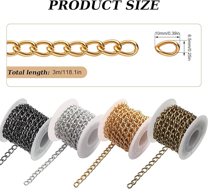 Jadive 4 Rolls 39.4 Feet Aluminium Necklace Chains 6.5 mm Twisted Links Spool Chain Jewelry Making Chains for Bracelet Necklace Jewelry Making(Black)
