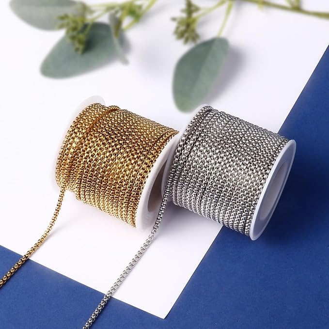 [33FT] 18K Gold Plated Rolo Box Chains for Jewelry Making, 2.5mm Wide 304 Stainless Steel Rolo Link Chain Roll Bulk for DIY Jewelry Making Craft