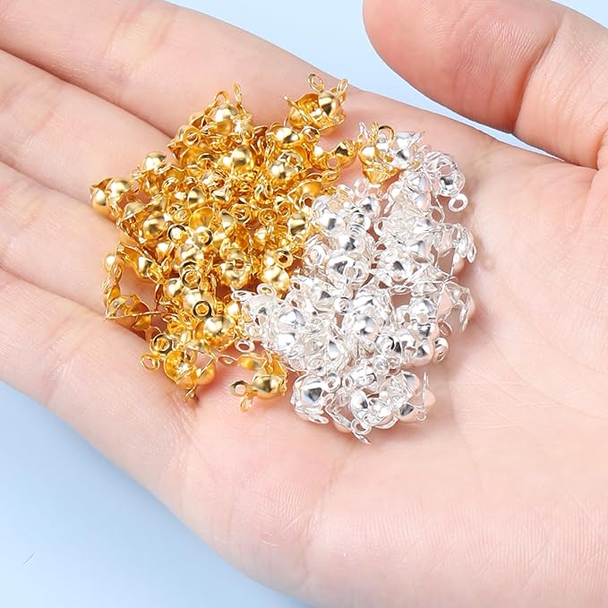 600 Pcs Metal Open Bead Tips Knot Covers, Crimp Covers, Crimping Beads End Caps, Bulk Clamshell Bead Tips for DIY Bracelet, Jewelry Making (Silver, Gold)