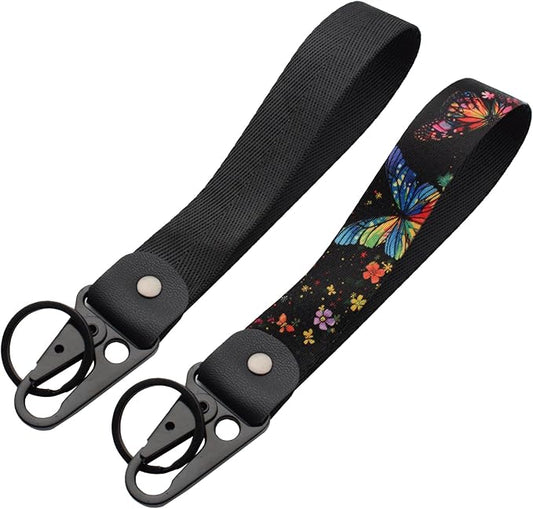 2 Pcs Classic Black & Floral Keychain Wristlet Lanyard for Women couples, Flower Wristlet Strap for Keys Hands-Free Wearable