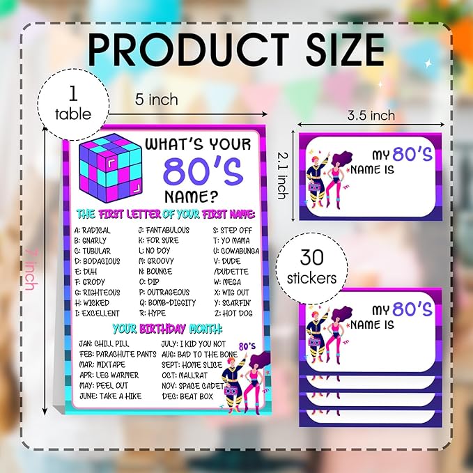 80s Theme Party Decorations, 80'S Theme Birthday Party Sign Decoration for Boys Girls, Kids Activity Cards, What's Your 80'S Name, Activity Decoration Supplies