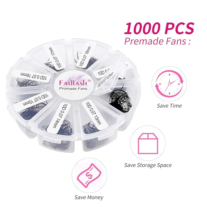 Premade Fans Eyelash Extensions 1000 Fans/Tray Promades Eyelash Volume Lash Extensions Pointed Base Loose Fans Premade Lash Extensions Fans Handmade Pre Made Volume Lashes Mix (10D-0.07C, 11-18mm)