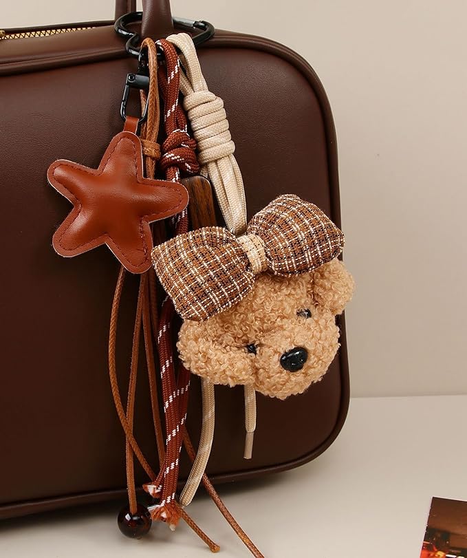 Kawaii Plush Keychain Purse Charms Cute Brown Bag Charms for Women Handbags