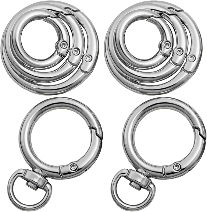 8PCS Metal Spring O Ring Set, Mixed Sizes Round Carabiner Keychain Snap Hooks for Key Rings, Bags, Dog Tags, Buckle, Paracord, Lanyards, and DIY Repair Crafts (Silver)