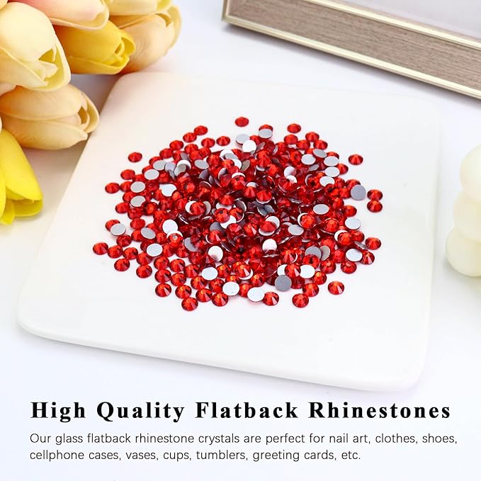 1440PCS SS3 Crystal Glass Flatback Rhinestones, Round Flat Back Crystal Gems for Nail Art and Craft Clothes, Glue Fix Diamond Stones LT.Siam/Light Red (1.3-1.4mm)