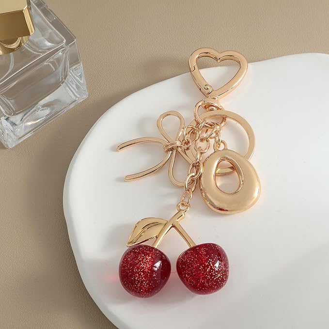 Snycler Bubble Initial Keychain with Cherry & Bow - Gold Letter Bag Charms for Women, Cute Purse Handbag Accessories
