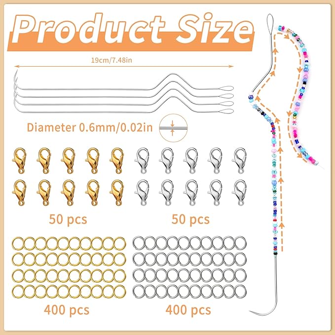 GarfxG Beading Needles Set Includes 4 Pcs Beading Spinning Needles, 100 Pcs Lobster Clasps and 800 Pcs Closed Loops, Beading and Sequin Embroidery Handmade DIY