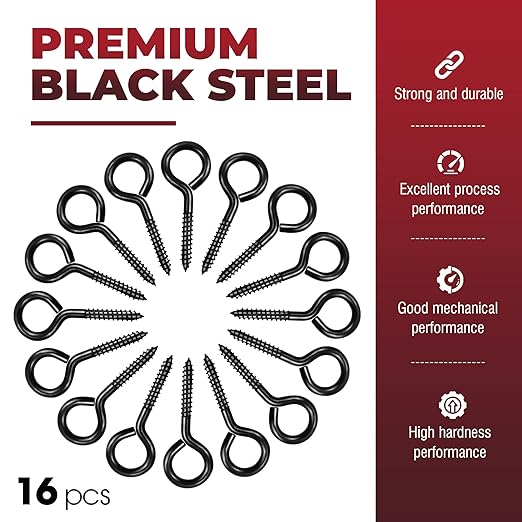 16pcs Screw Eyes, 2.56 Inch Black Eye Hooks Screw Self Tapping Eye, Heavy Duty Eye Bolt for Wood Securing Cables Wire, Hammock Stand, Indoor & Outdoor Use