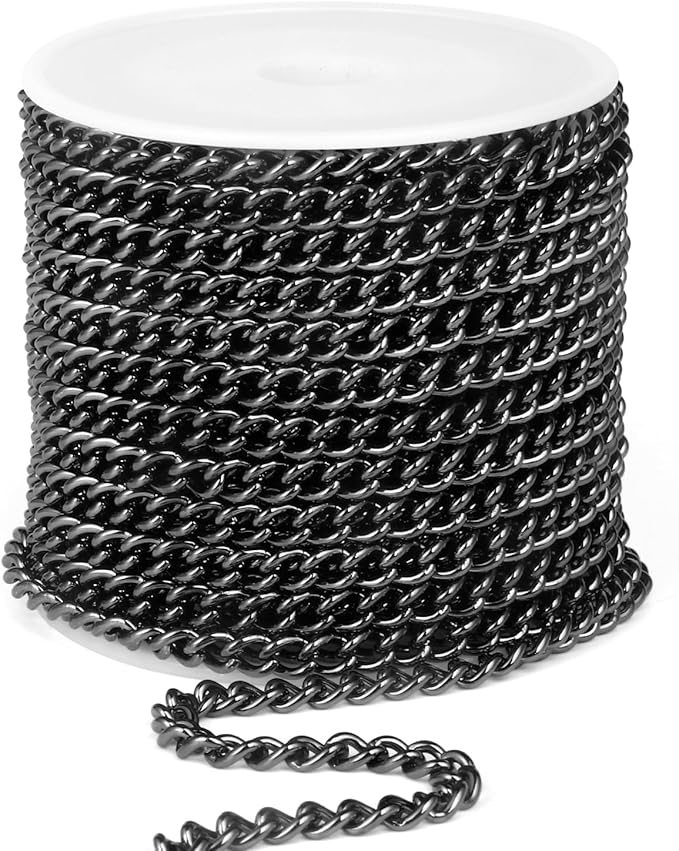 33FT Gunmetal Stainless Steel Curb Chains Roll, 5mm 304 Stainless Steel Black Flat Twisted Links Curb Chains Bulk Spool for Jewelry Making DIY Craft