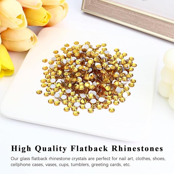1440PCS SS16 Crystal Glass Flatback Rhinestones, Round Flat Back Crystal Gems for Nail Art and Craft Clothes, Glue Fix Diamond Stones Topaz Gold (3.8-4.0mm)