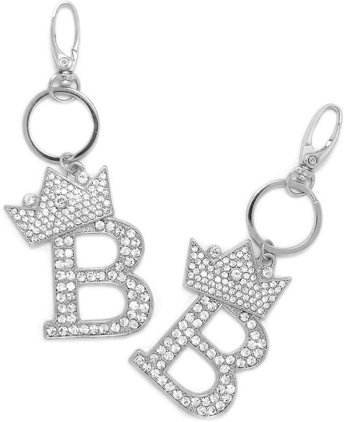 CBC Crown Crystal Rhinestone Letter Initial Keychain, Gold Metal, Bag Charm with Key Ring Approx. 2.17" x 2.56"