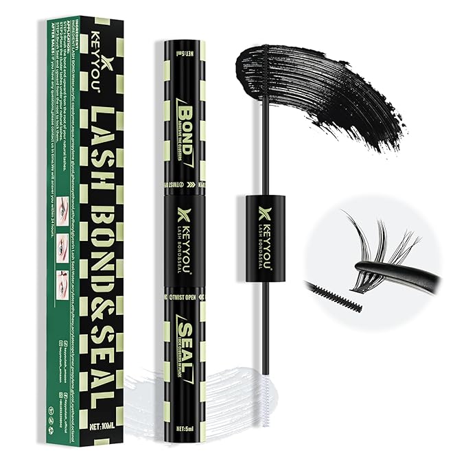 KEYYOU Lash Bond and Seal Black Bond and Seal Lash Glue 10ML Lash Cluster Glue Mascara for Long Lasting WaterProof Lash Extension Black-5ml+5ml