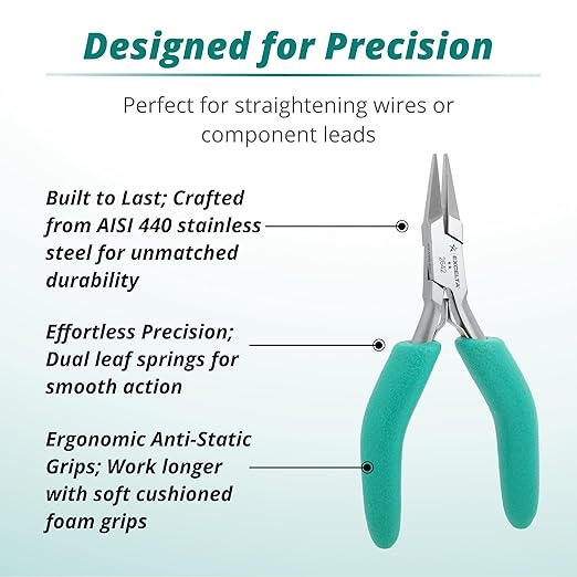Excelta 2642 Precision Small Flat Nose Plier, 4.75 Inch Stainless Steel, Cushioned Foam Grips, Dual Leaf Springs, Ideal for Wire Straightening, Intermediate