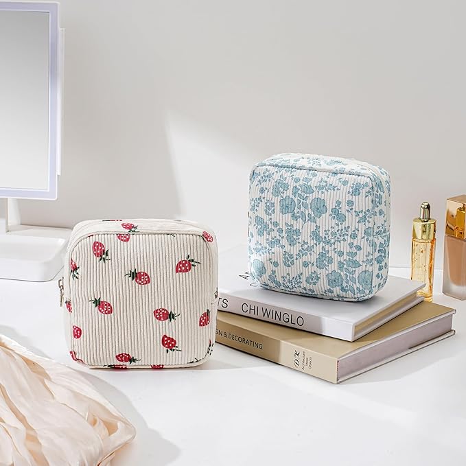 Cute Small Corduroy Zipper Makeup Bag, Mini Coquette Aesthetic Pouch with Flower Pattern for for Purse,Key Pocket Lipstick Bag Card Holder Data Cable Organizer for Women Girls (07Lightblue Flower)