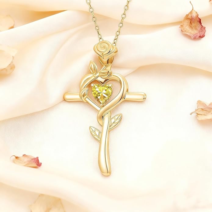 Midari 18K Yellow Gold Cross Pendant Rose Birthstone Necklaces for Women Christian Cross Jewelry with 12 Months Birthstone Birthday Gifts for Wife Her Daughter Mom