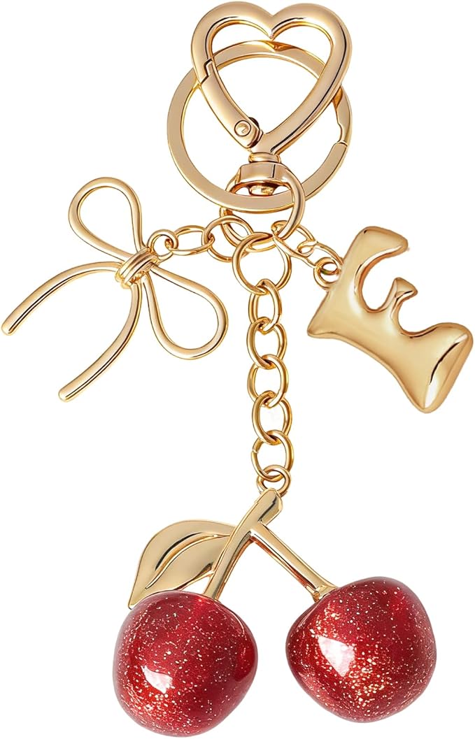 Snycler Bubble Initial Keychain with Cherry & Bow - Gold Letter Bag Charms for Women, Cute Purse Handbag Accessories