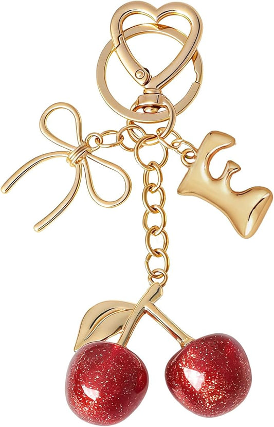 Snycler Bubble Initial Keychain with Cherry & Bow - Gold Letter Bag Charms for Women, Cute Purse Handbag Accessories