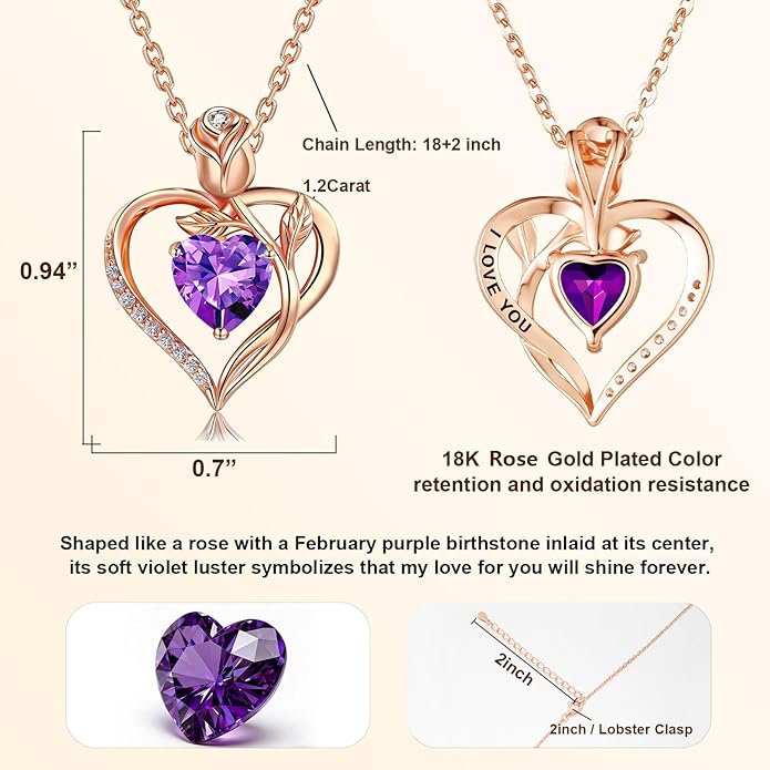 1.2CT Rose Heart Necklace Option of Moissanite or Lab-Grown Sapphire Ruby Emerald&More Necklace for Women Birthstone Girlfriend Necklace S925 Sterling Silver 18K White/Rose Gold Plated D Color VVS1 Gift for Wife Mother Daughter for Birthday Anniversary...