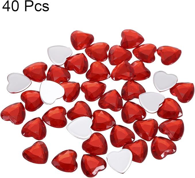 MECCANIXITY 40 Pcs Acrylic Heart Rhinestone 12mm Flat Back Plastic Gems Jewelry Stickers for Craft Bead Face Painting Costume Jewelry Making, Deep Red
