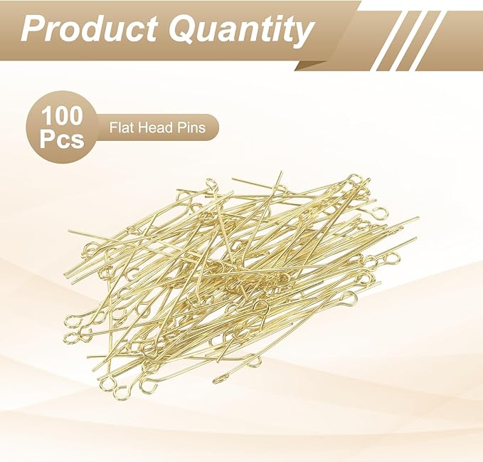 HARFINGTON 100pcs Open Eye Head Pins 1.18" 30mm Mini Metal Wire Eye Pins Beading Small Needles Bulk for Earring Pendant Necklace Bracelet Charm Jewelry Making Findings DIY Craft, 14K Gold