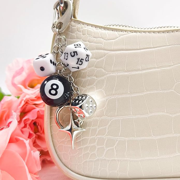Y2K Keychain for Women, 8 Ball Dice Charm with Carabiner Clip - Cute Goth Core Keychain Bag Charm for Keys Bags Jeans