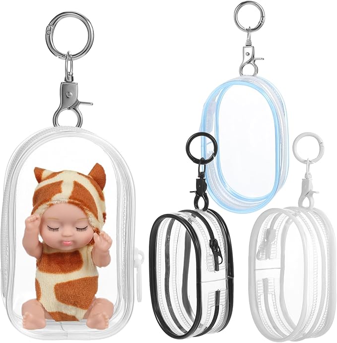 Toyvian 4 Pcs Clear Display Bag for Mini Resin Figures and Dolls with Zipper, Clear Pouch with Keychain, Carrying Bags Tiny Cases for Collectibles, Portable Small Doll Storage Pouches PVC Bag